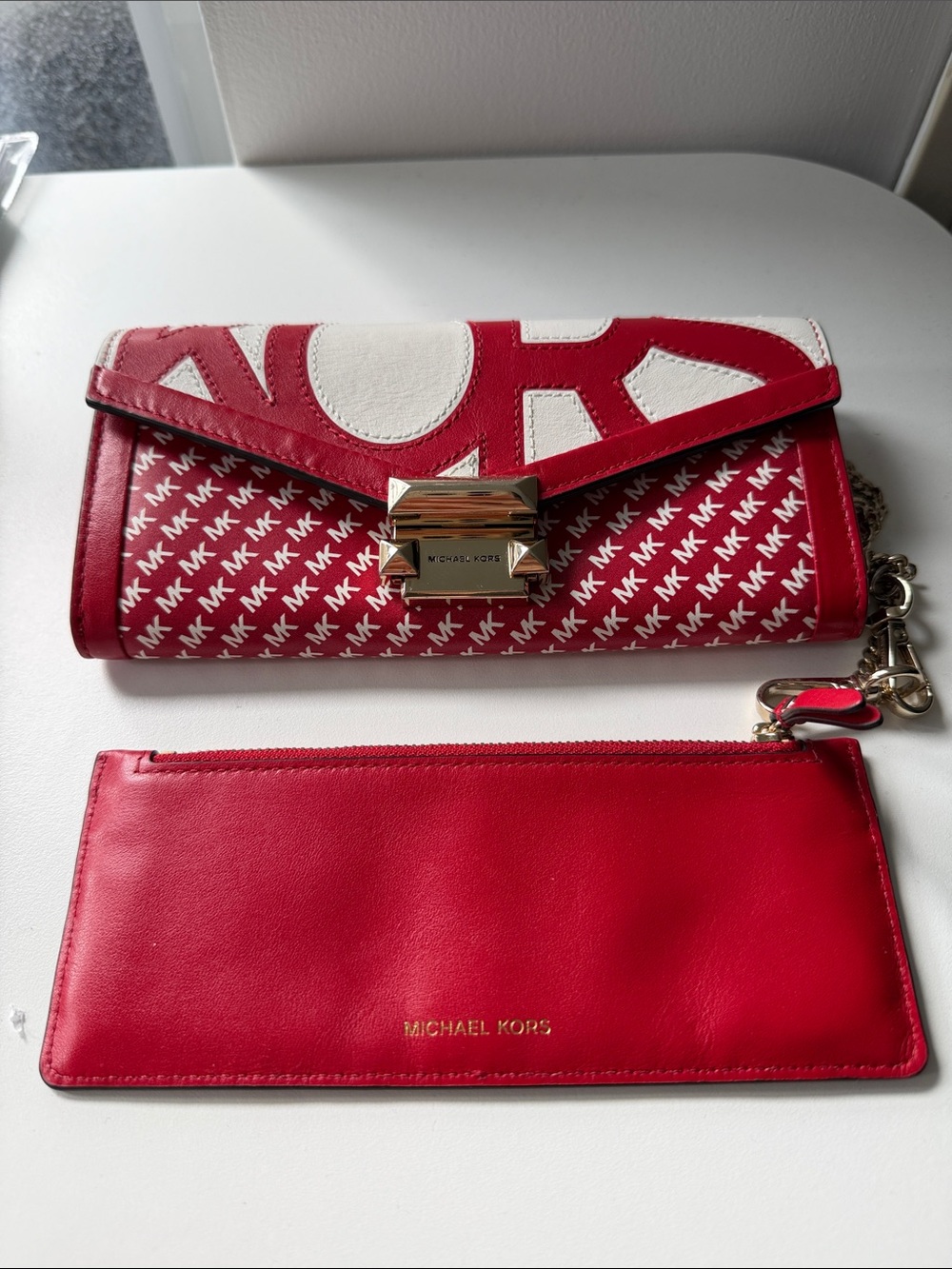 Michael Kors Red and White Signature Envelope Wallet with Removable Red Pouch